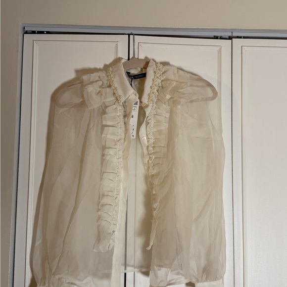 Zara Tops - Zara Cream Ruffled Button Down Shirt
